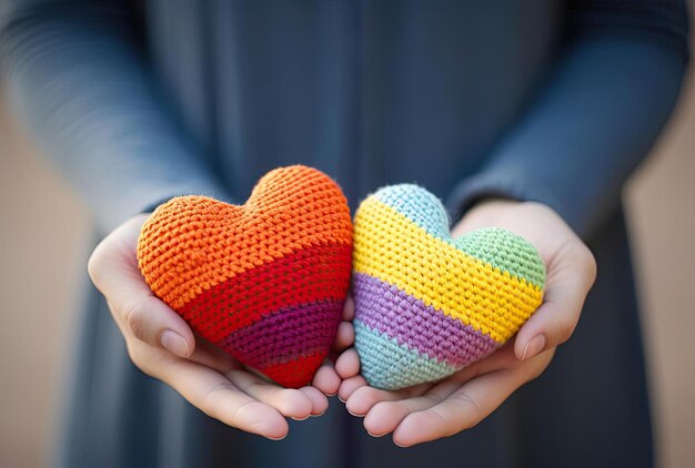 un par de manos sosteniendo coloridos corazones de ganchillo al estilo de la simplicidad infantil