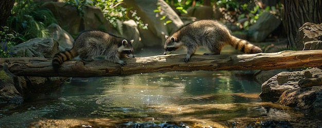 Un par de mapaches equilibrándose en un puente de troncos sobre un arroyo ayudándose mutuamente a cruzar