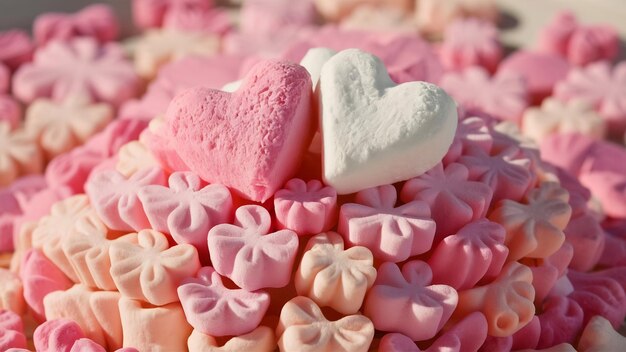 Un par de marshmallows en forma de corazón rosa y blanco en la pila de caramelos en forma de flor