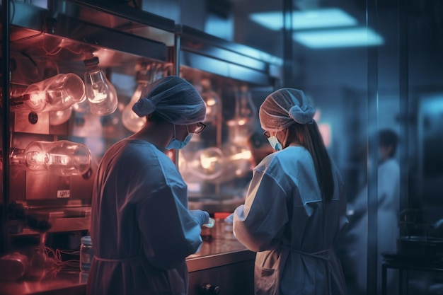 Un par de mujeres con una bata médica preparando equipo médico en un laboratorio médico con IA generativa