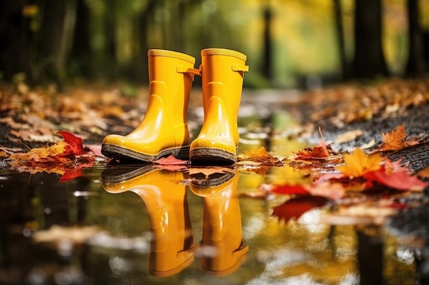 Foto par naturaleza otoño botas húmedas moda goma tiempo lluvia agua amarilla fondo de la temporada