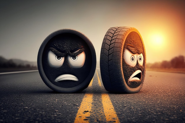 Par de neumáticos sobre el asfalto caliente con la persona al volante y expresión facial de fatiga