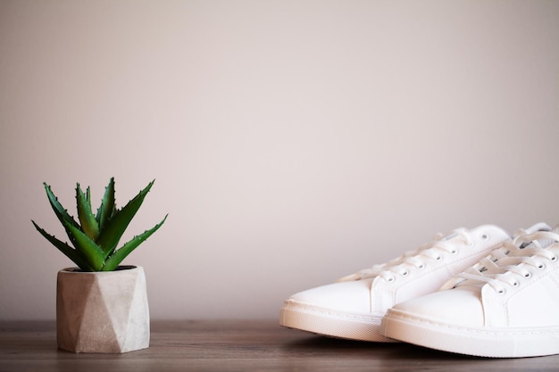 Par de nuevas zapatillas blancas con estilo en el piso en casa.