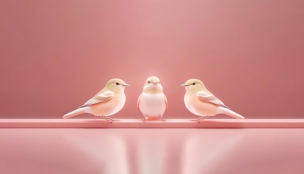 Un par de pájaros de pie en un fondo rosa con reflejo y sombra