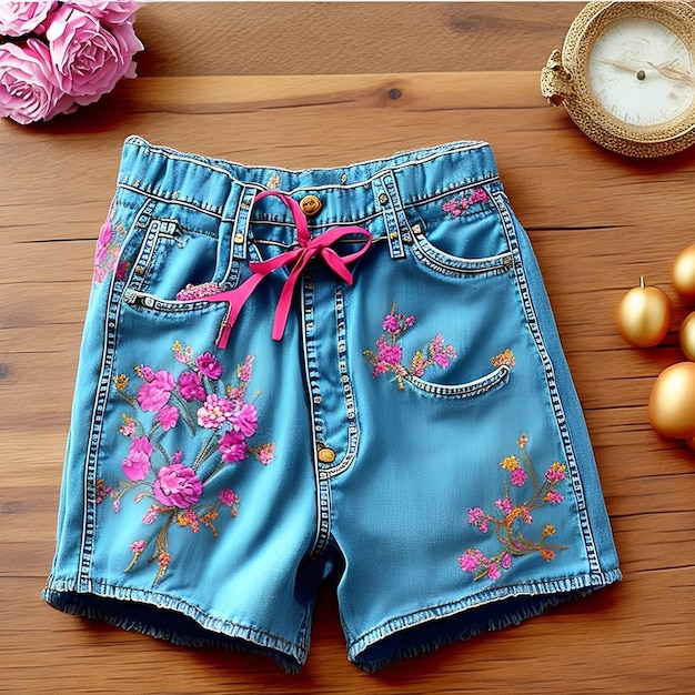 Un par de pantalones cortos azules con flores y una cinta rosa.