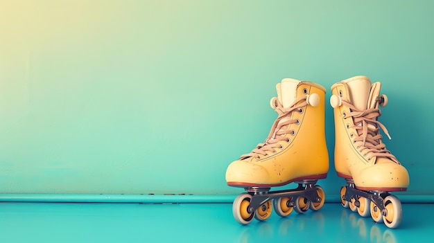 Foto un par de patines amarillos vintage con cordones blancos y topes blancos los patines están sentados en un suelo azul contra un fondo verde pálido