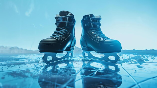 Un par de patines artísticos en el hielo contra un fondo azul los patines son negros con cuchillas plateadas el hielo está agrietado y hay nieve en la superficie