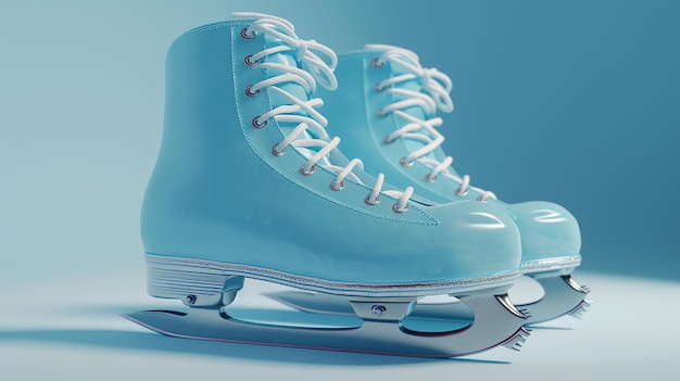 Un par de patines de hielo azules con cordones blancos sobre un fondo azul Los patines están orientados a la izquierda del espectador y están en foco