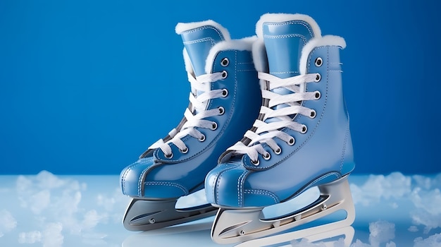 Un par de patines de hielo en un fondo azul sólido