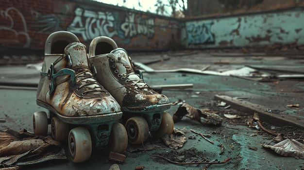 Foto un par de patines vintage abandonados en un espacio arruinado y olvidado
