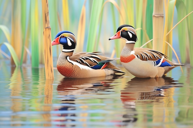 Un par de patos de madera entre las cañas