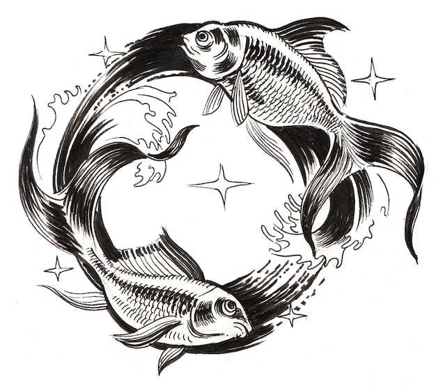 Par de peces. Dibujo a tinta en blanco y negro