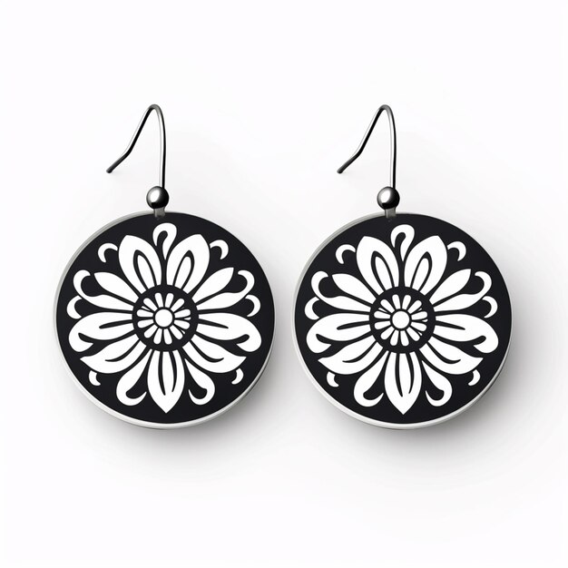 Foto un par de pendientes en blanco y negro con un diseño de flores generativo ai