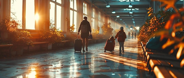 un par de personas caminando por un pasillo con equipaje