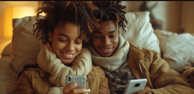 Foto un par de personas están mirando sus teléfonos