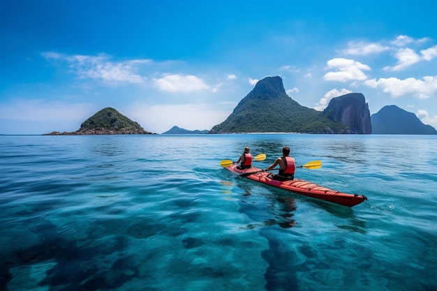 un par de personas en un kayak rojo en el océano