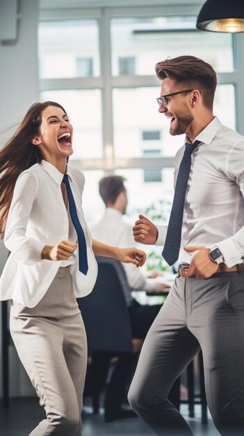 Foto un par de personas de negocios riendo y riendo