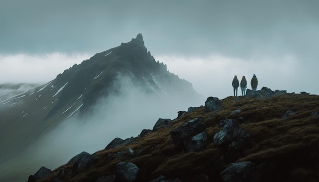 Un par de personas de pie en la cima de una colina en las montañas wi