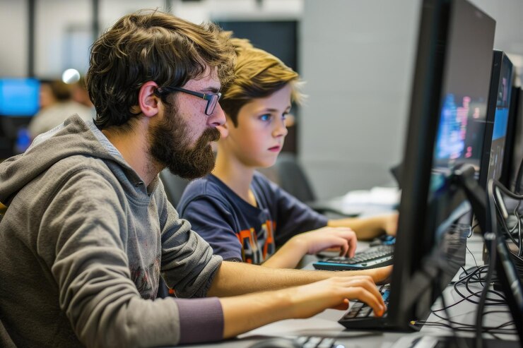 Foto un par de personas que están sentadas frente a una computadora