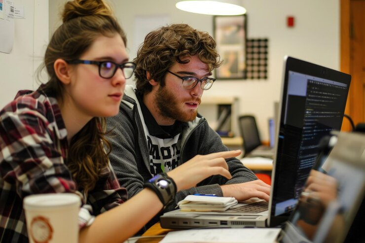 Foto un par de personas sentadas en una mesa con computadoras portátiles