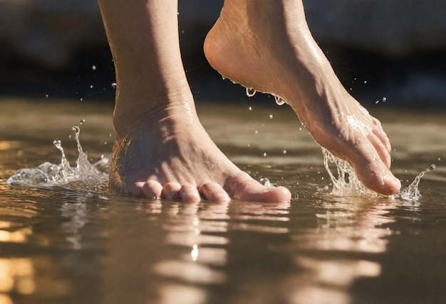 un par de pies en el agua con el reflejo de una mujer en el agua