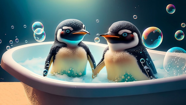 Un par de pingüinos en una bañera con burbujas de jabón animales juguetones felices generativos Ai