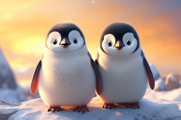 Un par de pingüinos de dibujos animados están de pie en la nieve al atardecer