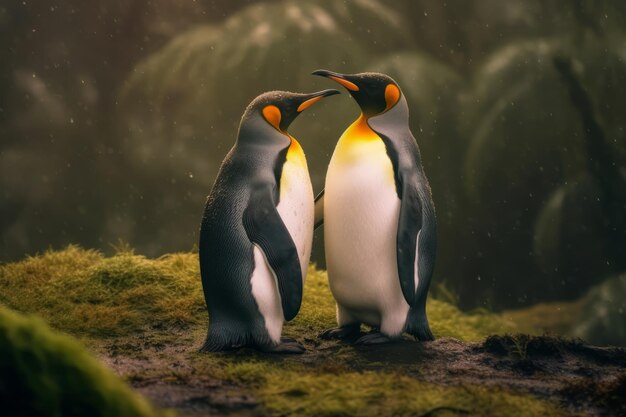 Un par de pingüinos de pie en una roca de musgo.