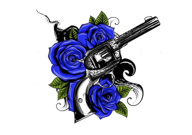 Par de pistolas cruzadas y flores de rosa dibujadas en una ilustración de estilo tatuaje