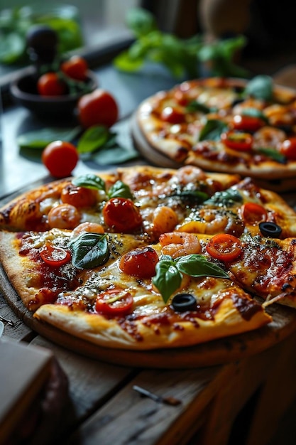 un par de pizzas encima de una mesa de madera