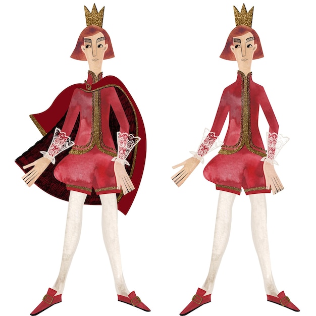 Par de príncipes de acuarela en trajes rojos Niño Ilustración aislada