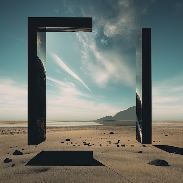 Foto un par de puertas en el desierto con un cielo en el fondo