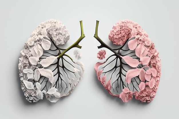 Par de pulmones hechos de pétalos de rosas rosas y blancas creados con ai generativo