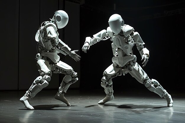 Foto un par de robots que están de pie en la oscuridad