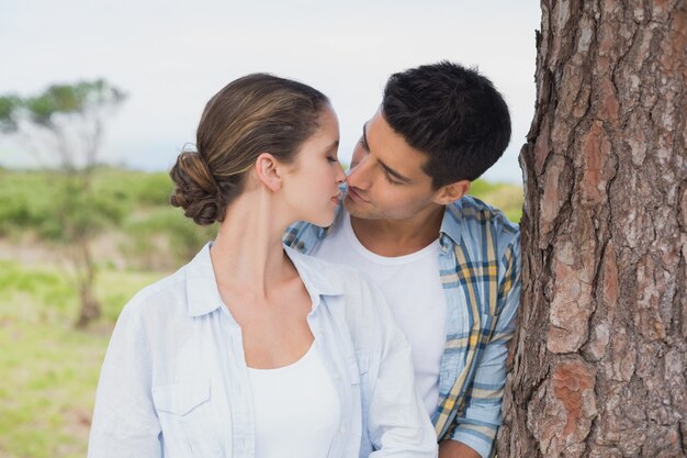 Par romântico, aproximadamente, beijar, por, tronco árvore