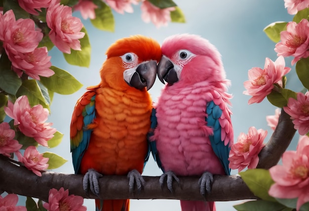 Foto par de románticos loros guacamayos rojos en rama ai generativa