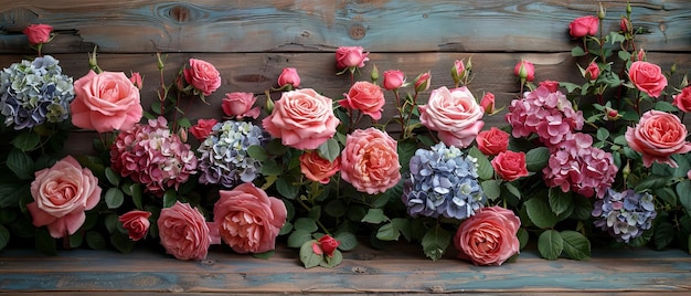 Un par de rosas rosadas y hortensias están colocadas contra un fondo de tablas de madera en mal estado
