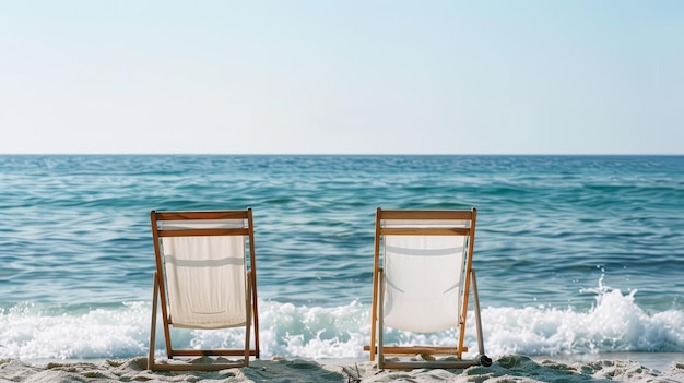 Foto un par de sillas de playa frente al océano con olas minimalistas ilustración generada por ia