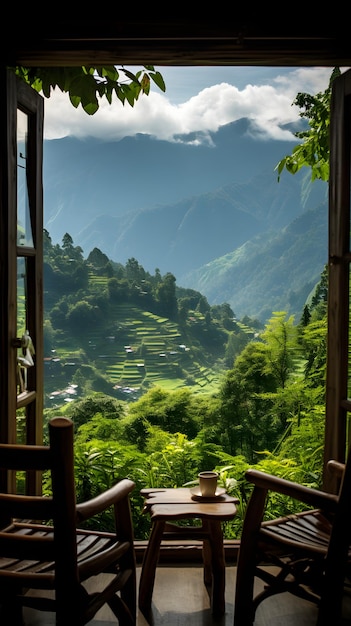 un par de sillas sentadas en la cima de una exuberante ladera verde Vista de la ventana desde una ventana de madera