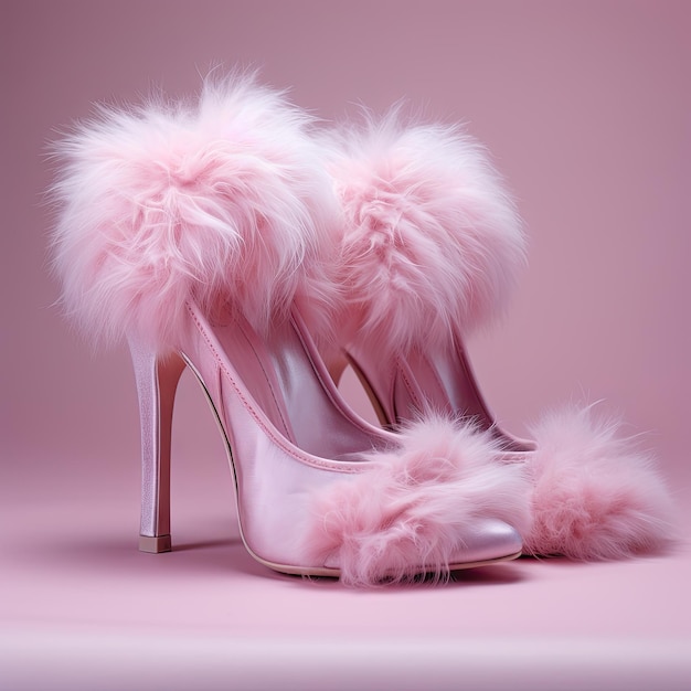 un par de tacones altos rosados con plumas mullidas en la parte superior e inferior contra una foto de fondo rosa claro