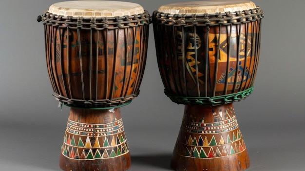 Foto un par de tambores djembe africanos se sientan uno al lado del otro sus intrincados diseños y símbolos que representan el