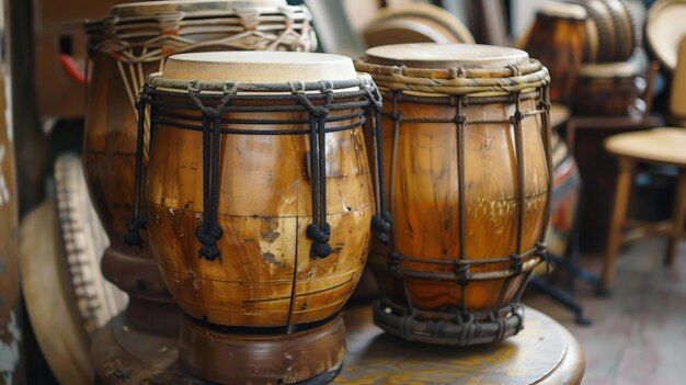 Un par de tambores tradicionales africanos hechos de madera y piel de animal Los tambores están decorados con tallas intrincadas y tienen un sonido rico y cálido