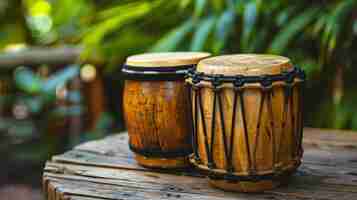 Foto un par de tambores tradicionales africanos se sientan en una mesa de madera los tambores están hechos de madera y tienen mangos de cuerda negra