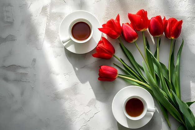 Un par de tazas de té y algunas flores rojas en una mesa con un fondo blanco y una sombra de un wa