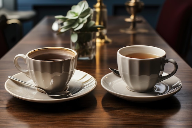 Un par de tazas de té de cerámica se sientan en una sólida mesa de madera