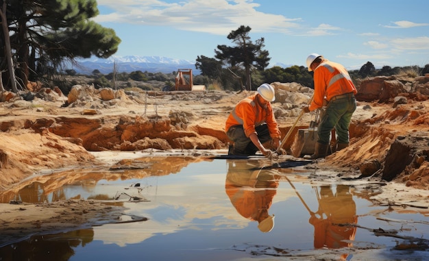 Un par de trabajadores de la construcción están cavando un hoyo con una foto del concepto del día del trabajo del agua