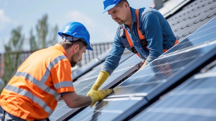 Un par de trabajadores que instalan paneles fotovoltaicos en un techo residencial