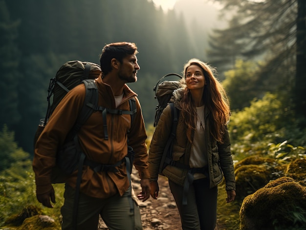 Un par de turistas, hombre y mujer, con mochilas en una caminata en el bosque