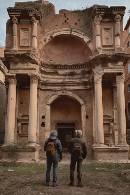 Un par de turistas viendo una ruina generativa ai