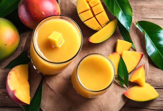 un par de vasos de jugo de naranja se sientan en una mesa con frutas y un vaso de jugo De naranja